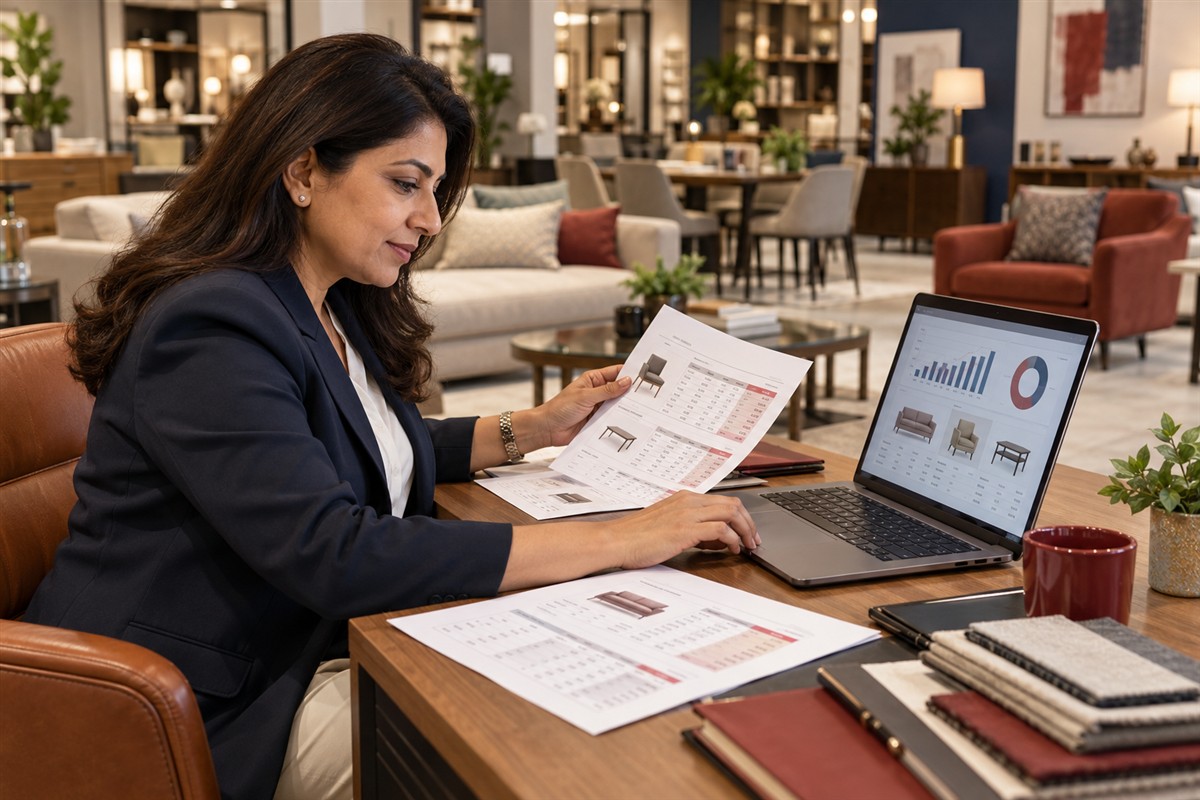 Business owner reviewing campaign goals and product margins