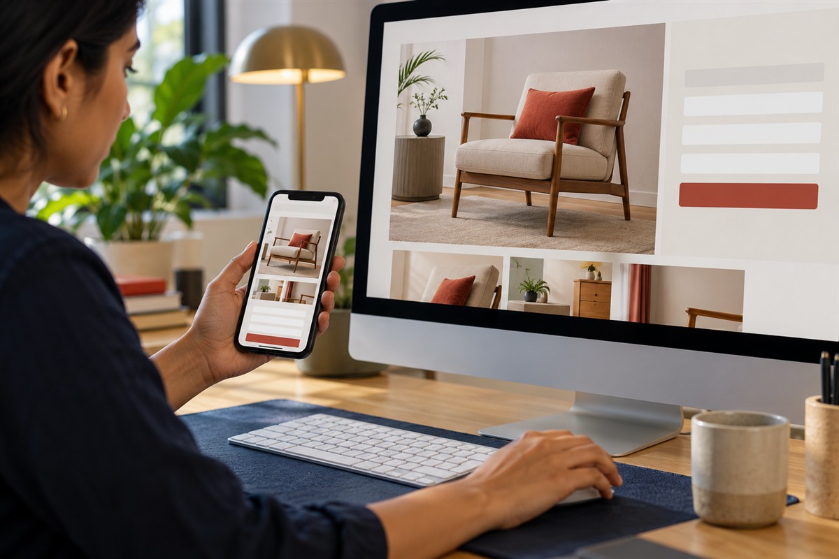 Designer checking a landing page across desktop and mobile