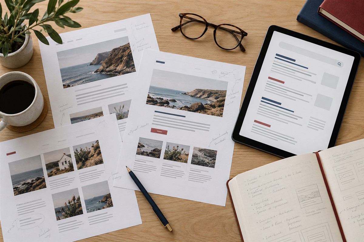 Search page layouts and audit notes on a desk