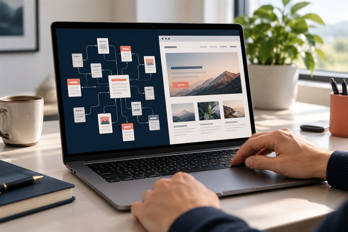 Developer workspace showing website structure and page previews