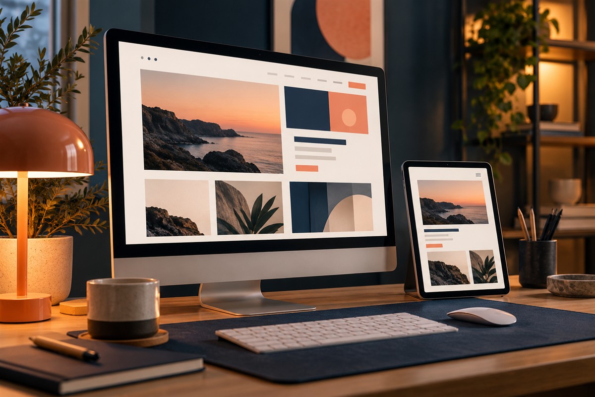 Website editing workspace with desktop and mobile page previews