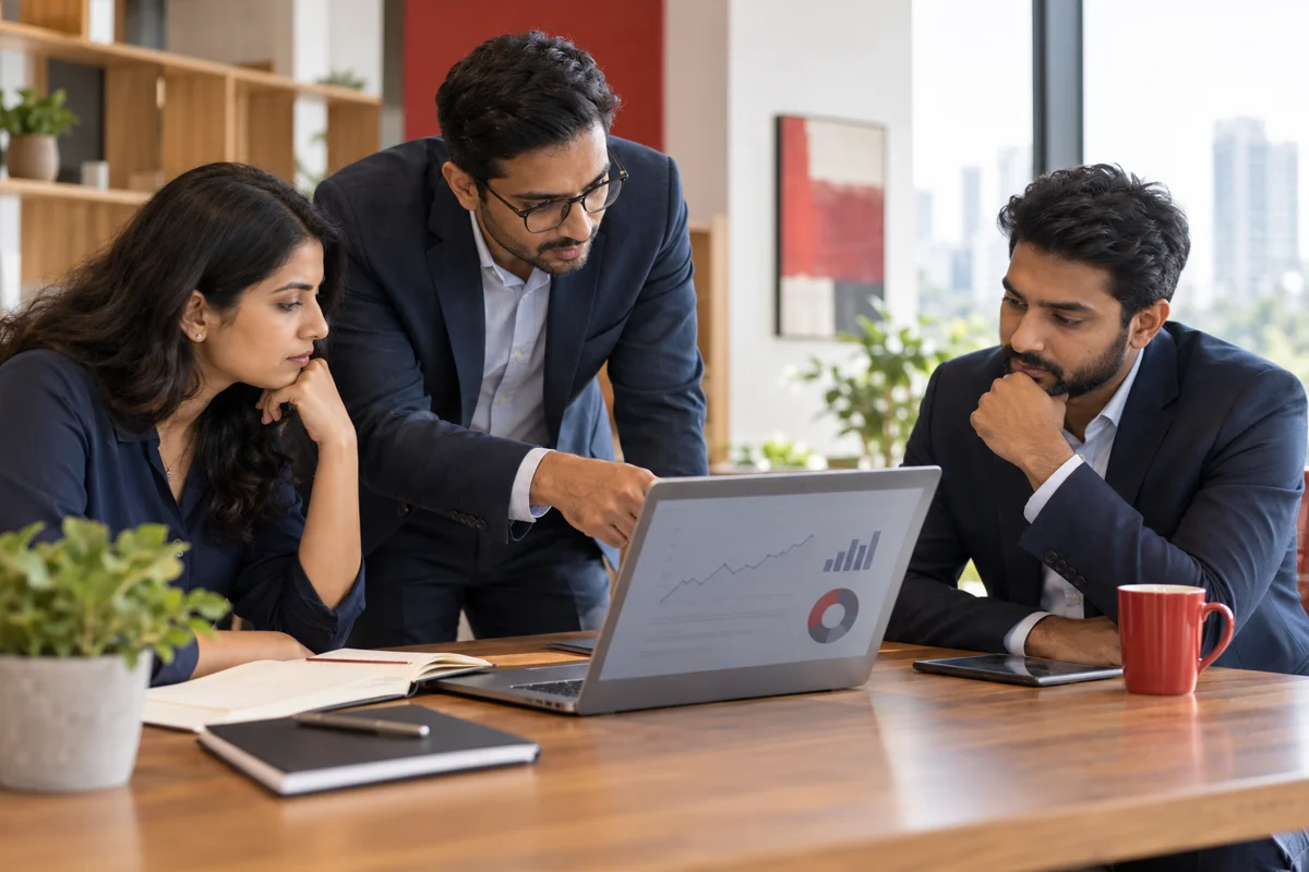 Illustrative business team reviewing search performance