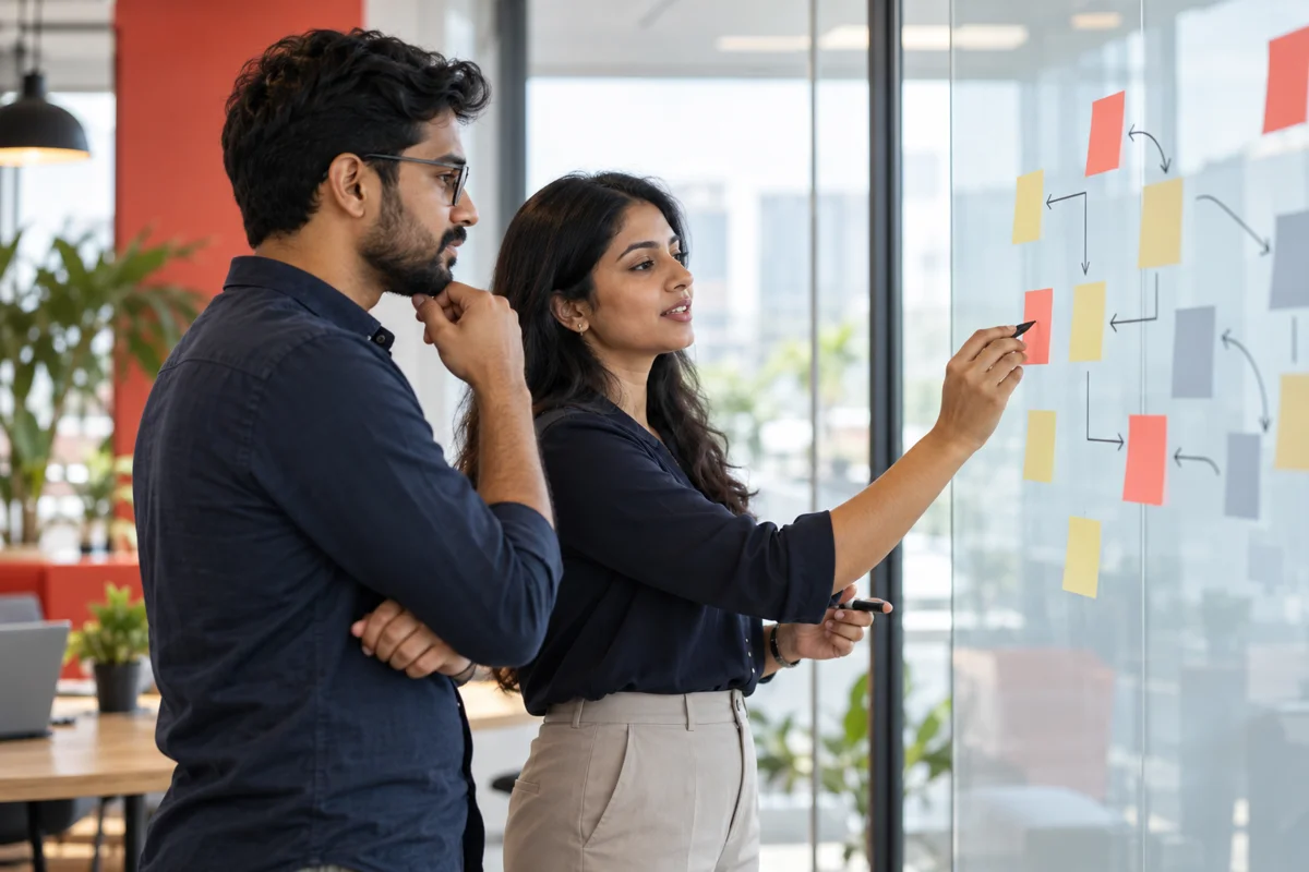 Illustrative strategists collaborating on a project roadmap