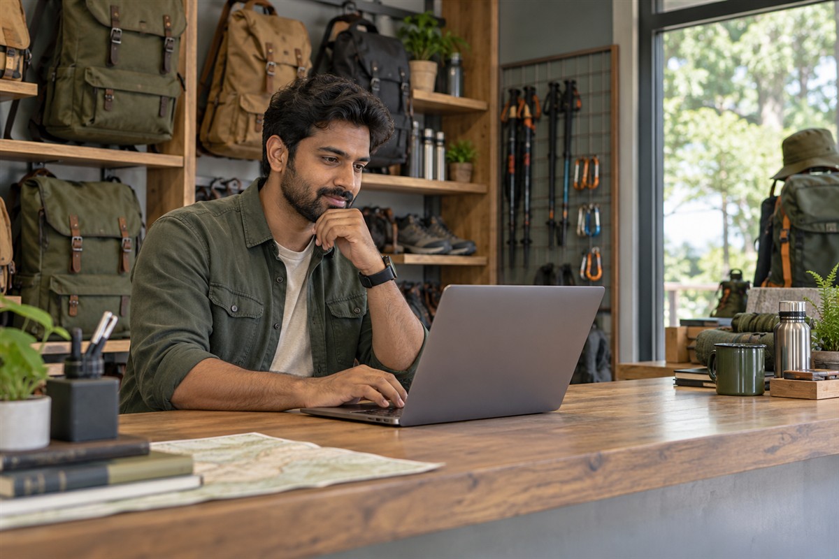 Outdoor gear store owner reviewing the online shopping experience