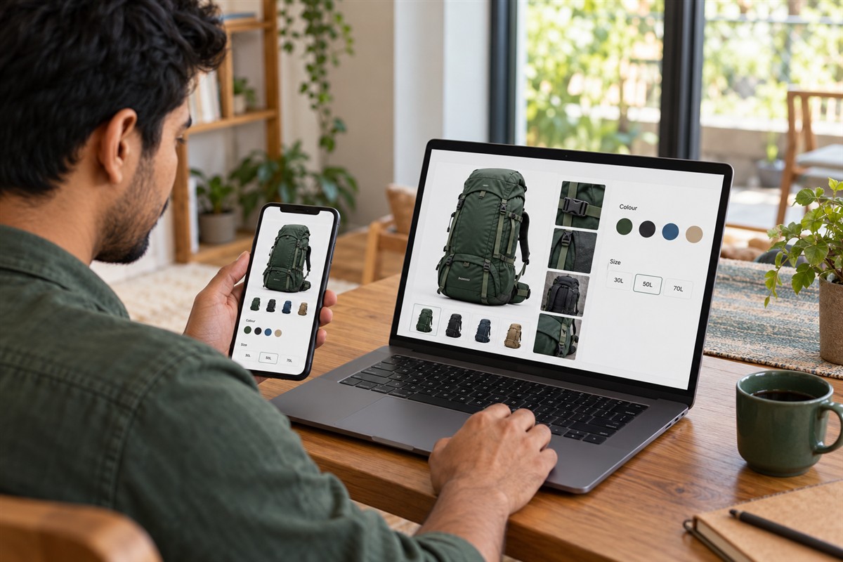 Customer reviewing backpack product options across mobile and laptop