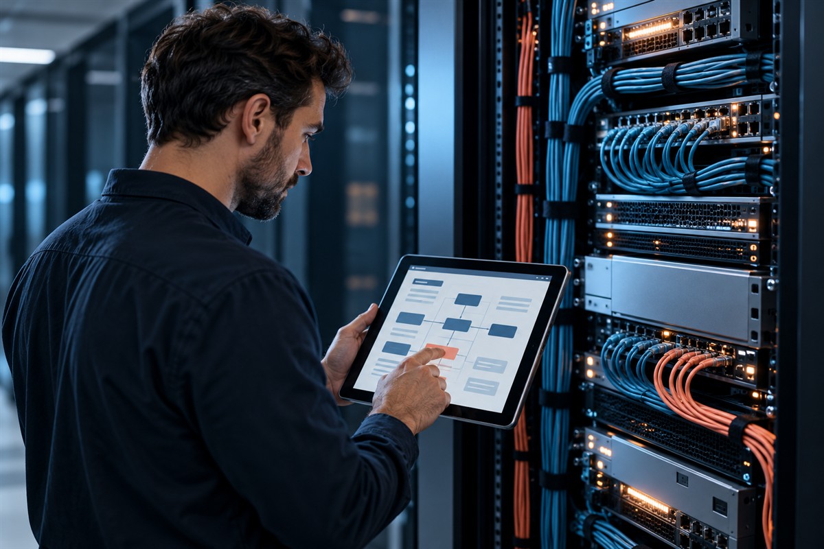 Engineer inspecting technical infrastructure and website accessibility