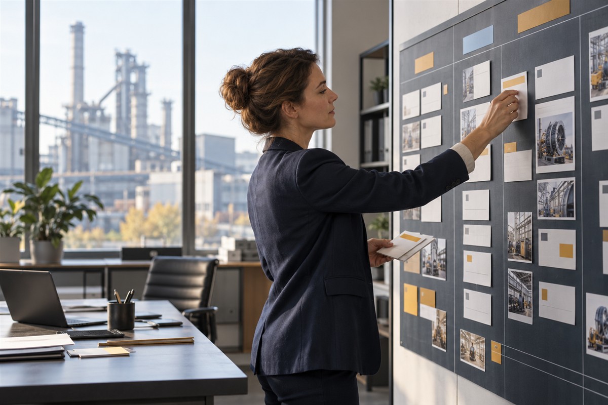 Business development planner grouping target company profiles on a board