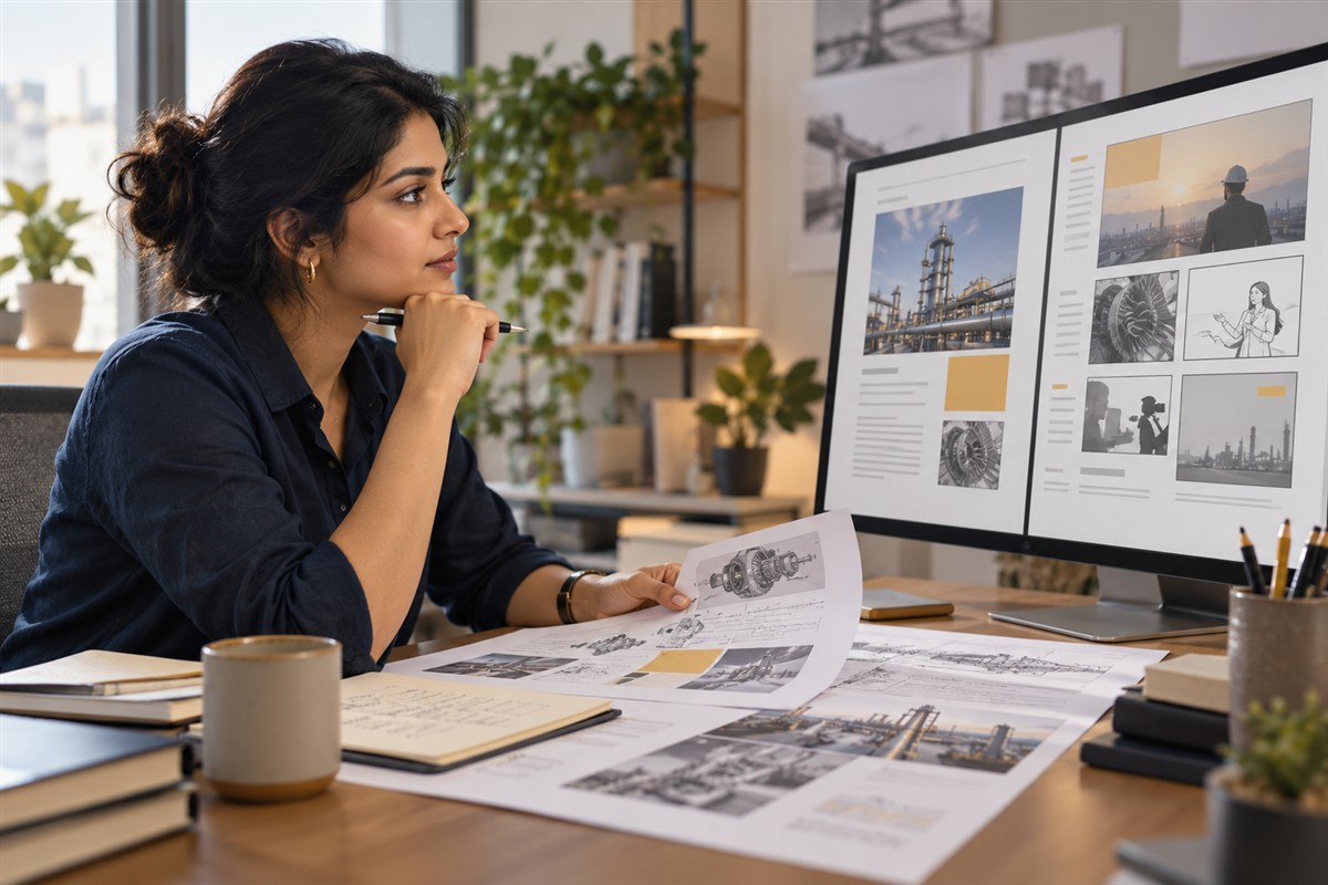 B2B content designer reviewing technical resource and webinar layouts
