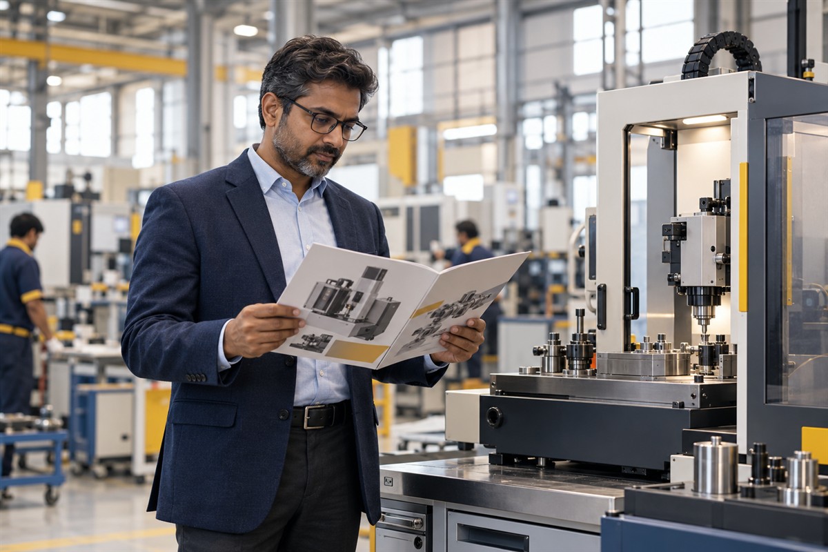 Industrial supplier reviewing a technical brochure beside demonstration equipment
