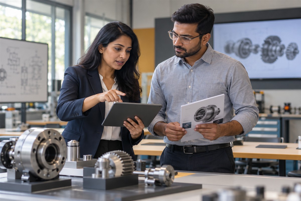 Marketing specialist and engineering expert reviewing a demonstration plan