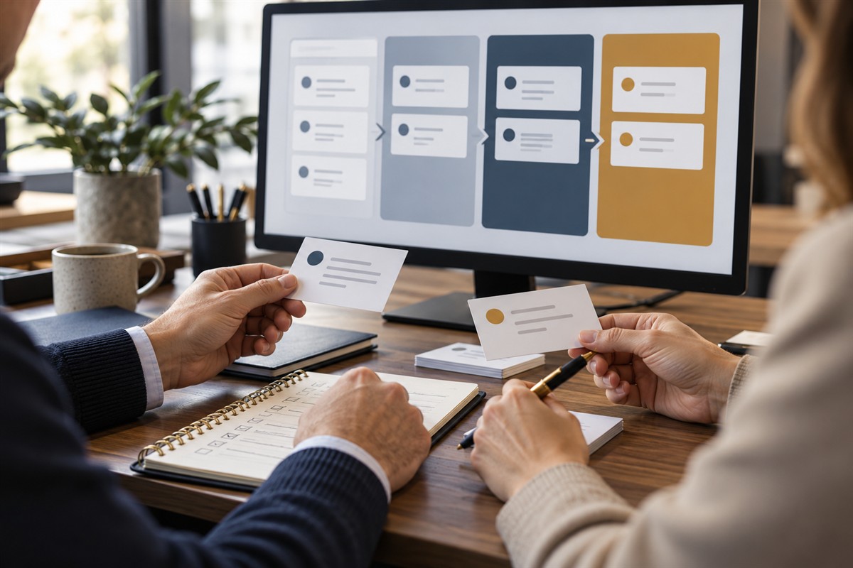 Sales pipeline review with anonymous enquiry cards and a qualification checklist