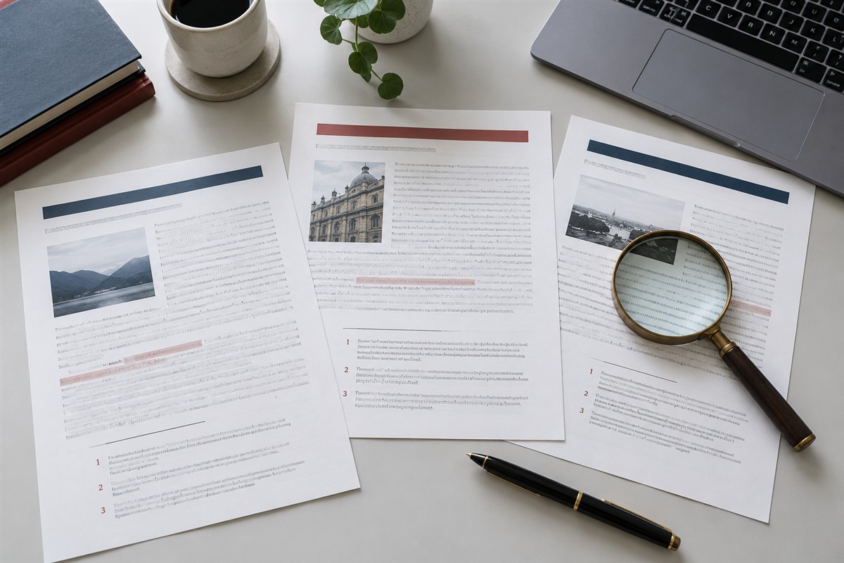 Printed answer excerpts and source references being checked
