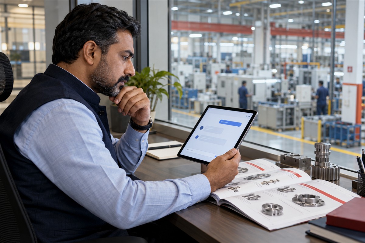 Business owner reviewing search information in a factory office
