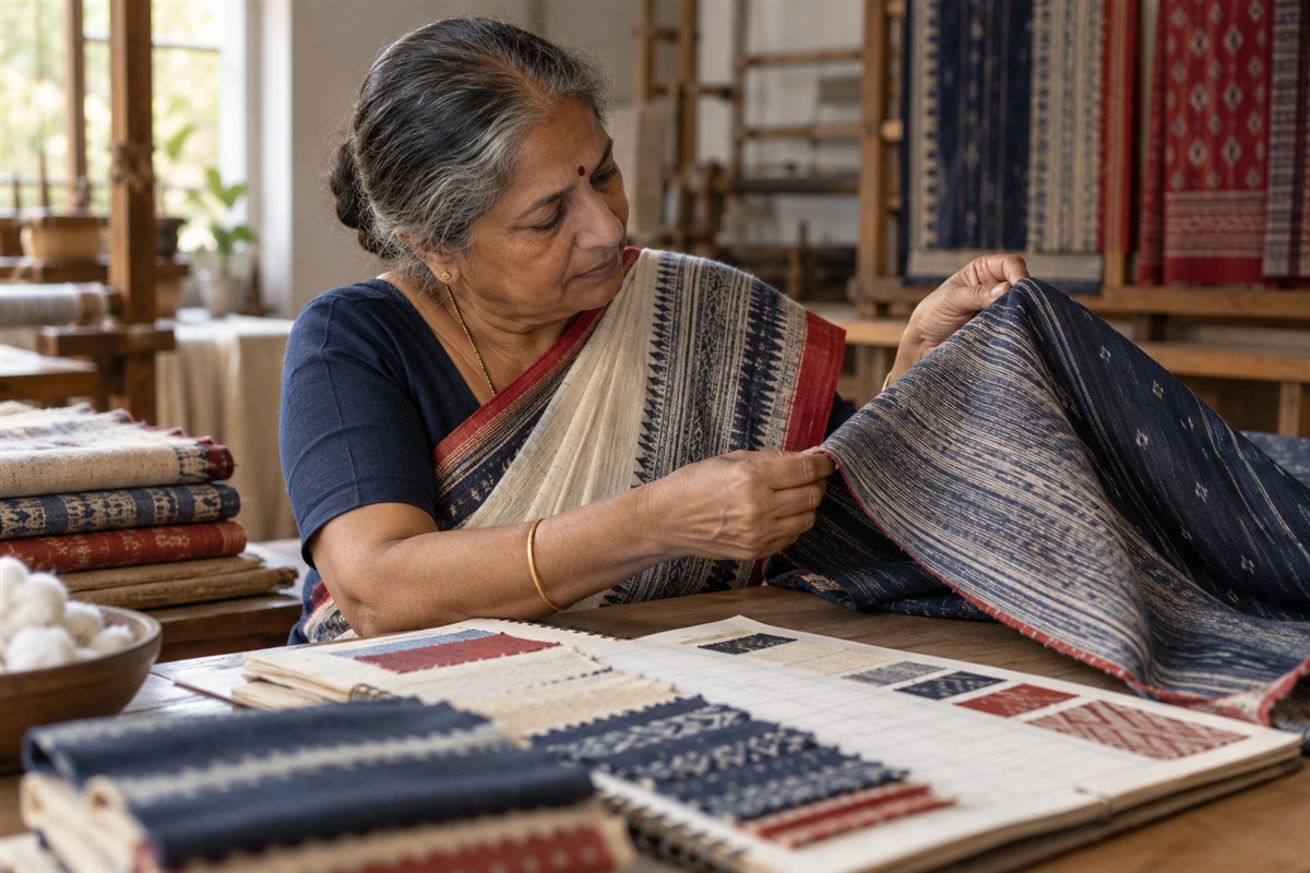 Textile expert inspecting a sample and product specifications
