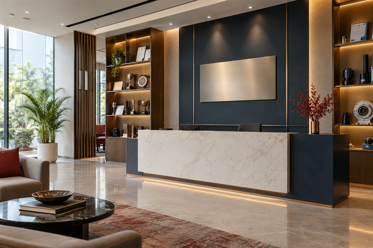 Contemporary business reception with product and credential displays
