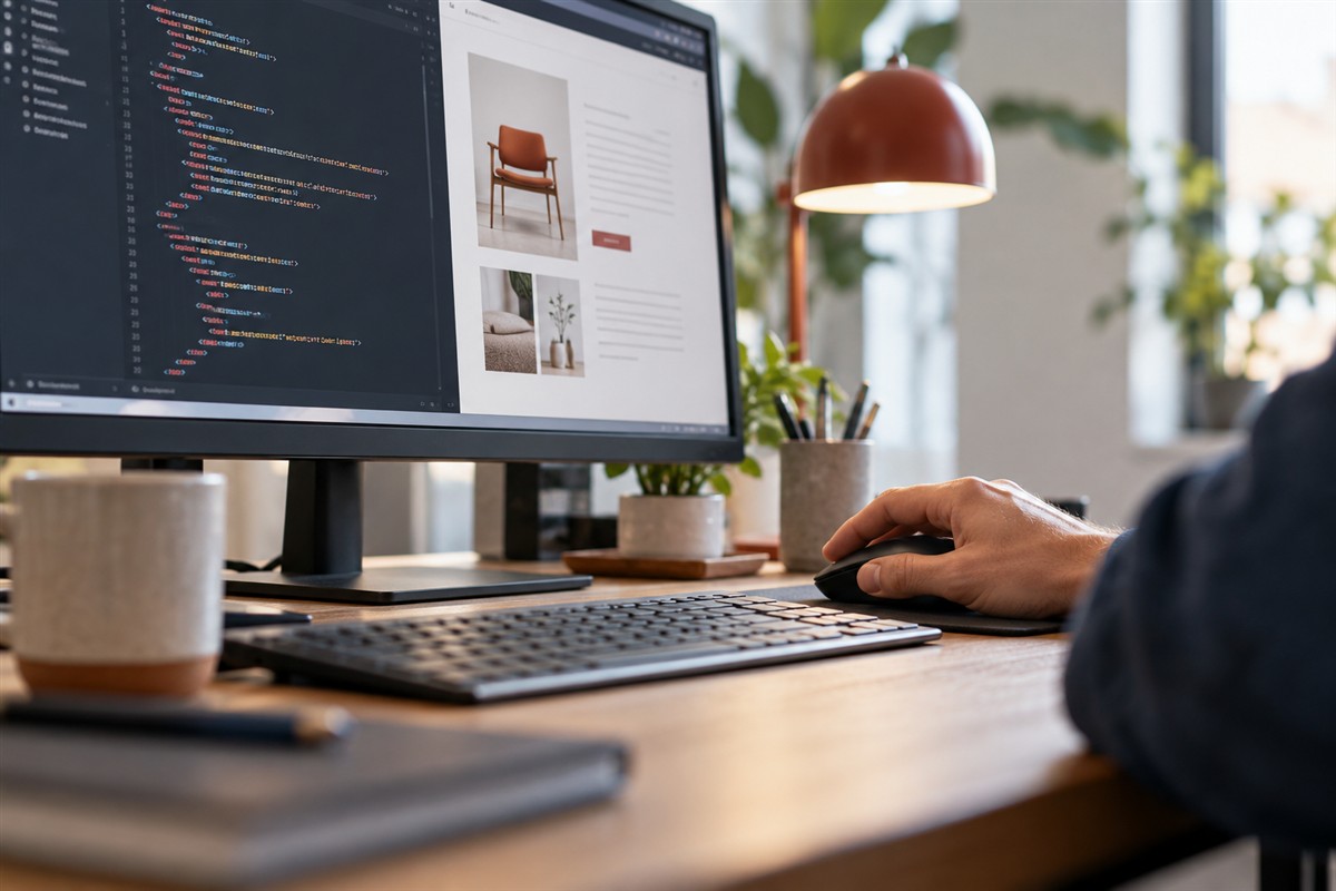 Developer reviewing code and readable product information