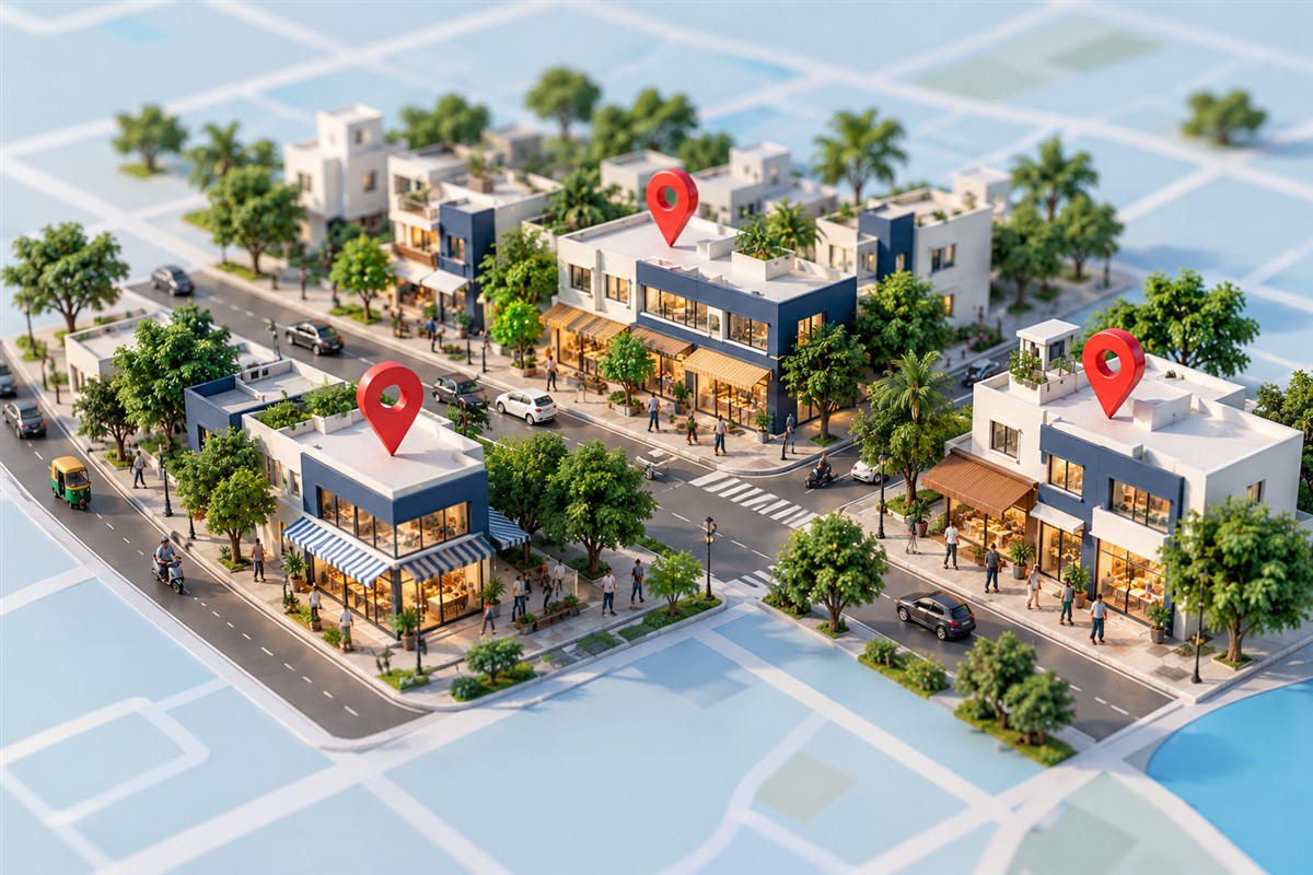 Illustration of local businesses and map location pins