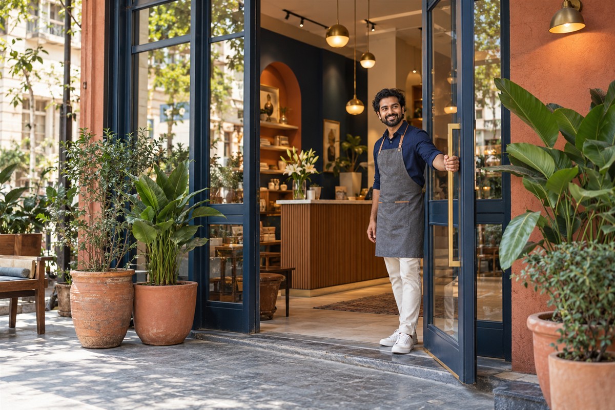 Illustrative local business owner welcoming customers