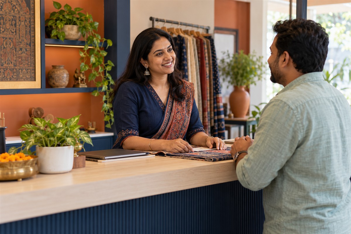 Illustrative business owner talking with a customer