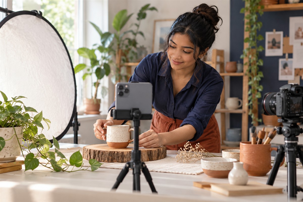 Creator filming a ceramic product demonstration for vertical social advertising