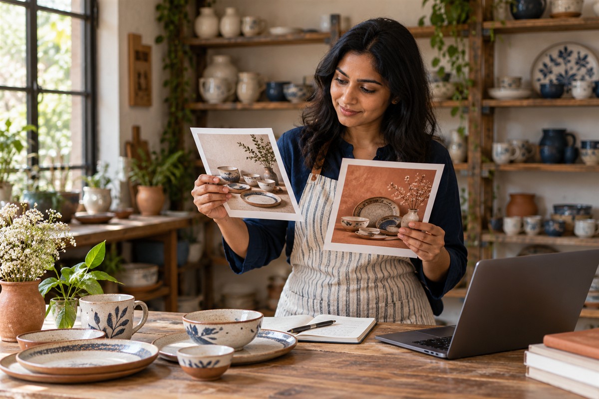 Boutique owner reviewing social ad concepts for ceramic products