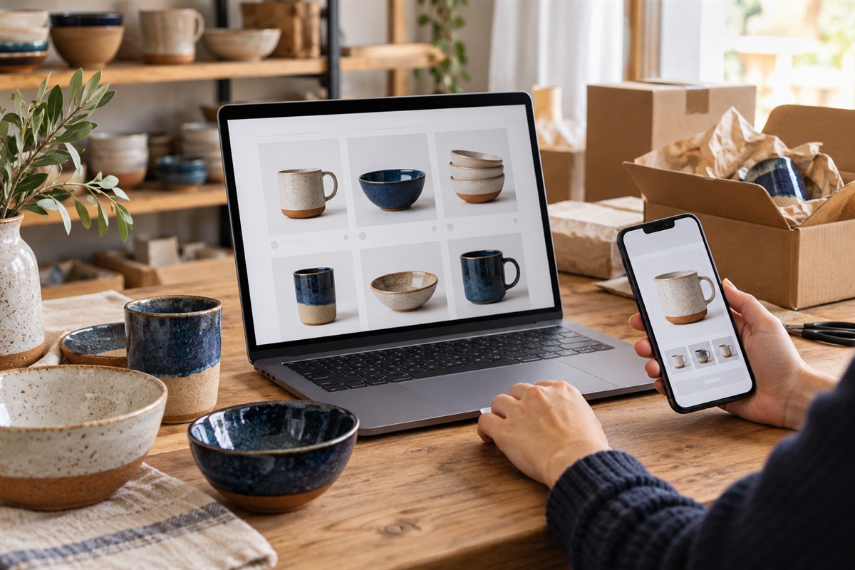 Ceramic products displayed beside an online catalogue and mobile product page