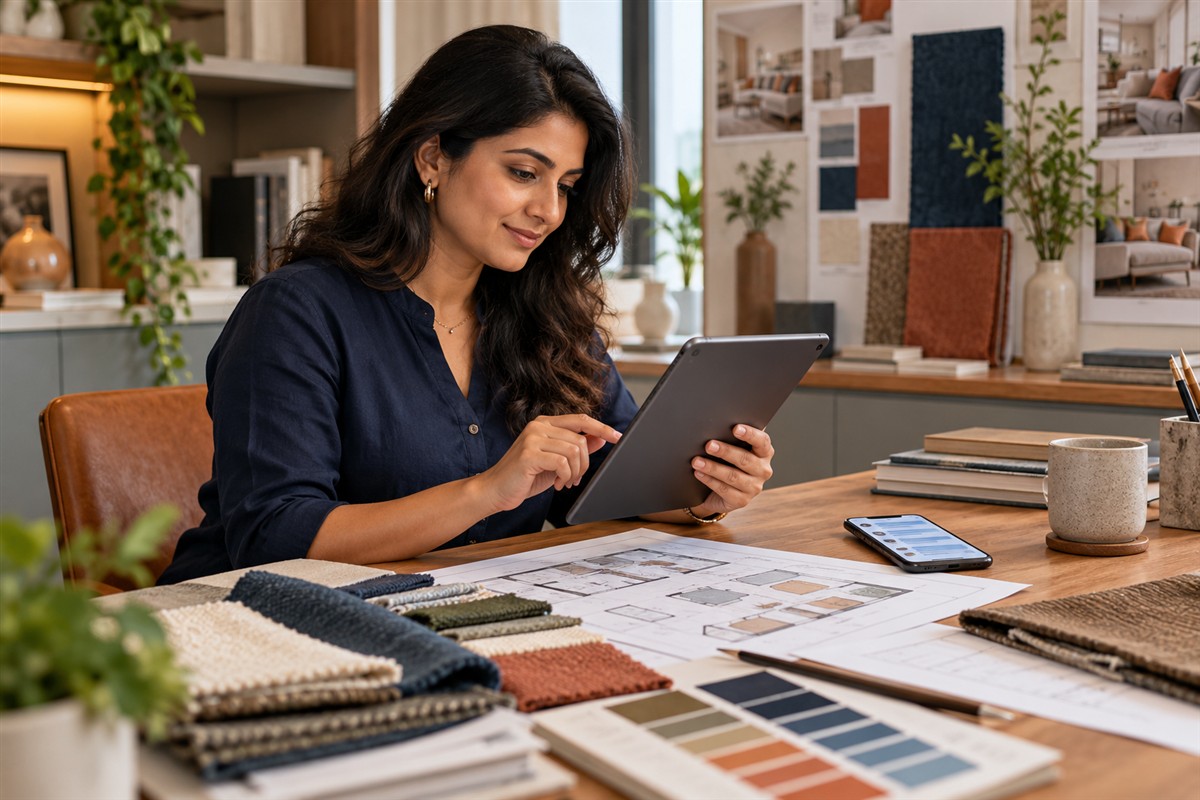 Interior consultant reviewing an enquiry alongside material samples