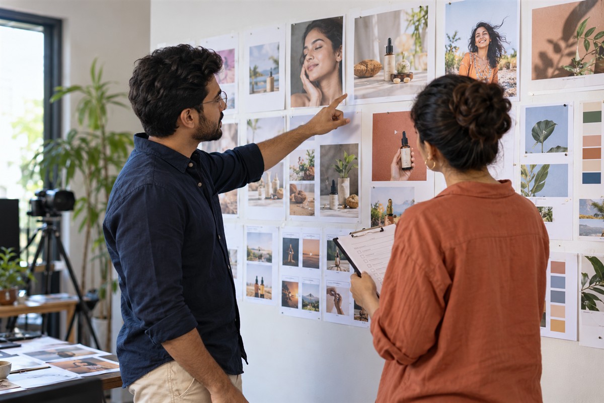 Art director and campaign manager reviewing social ad storyboards