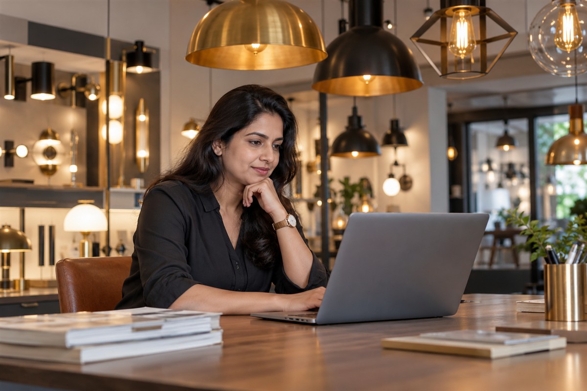 Lighting business owner reviewing her company website