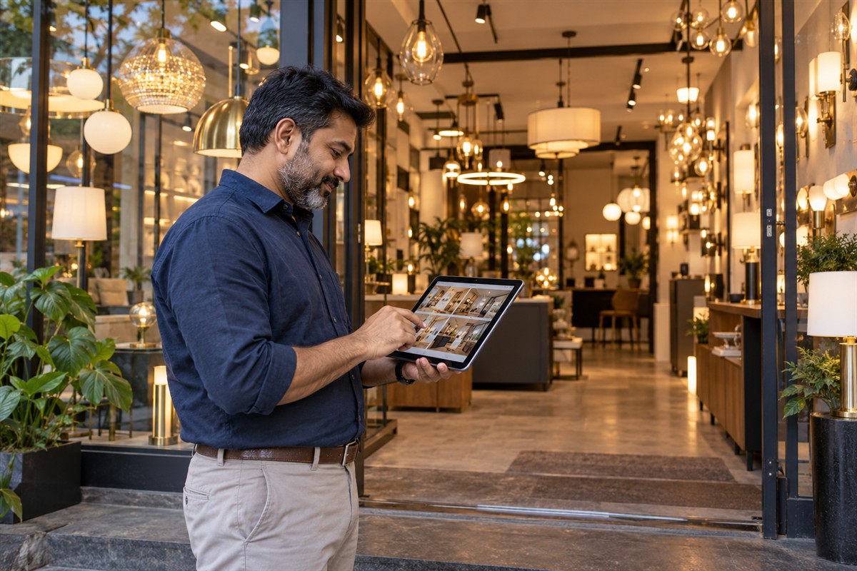 Lighting showroom owner reviewing opening hours and business photographs