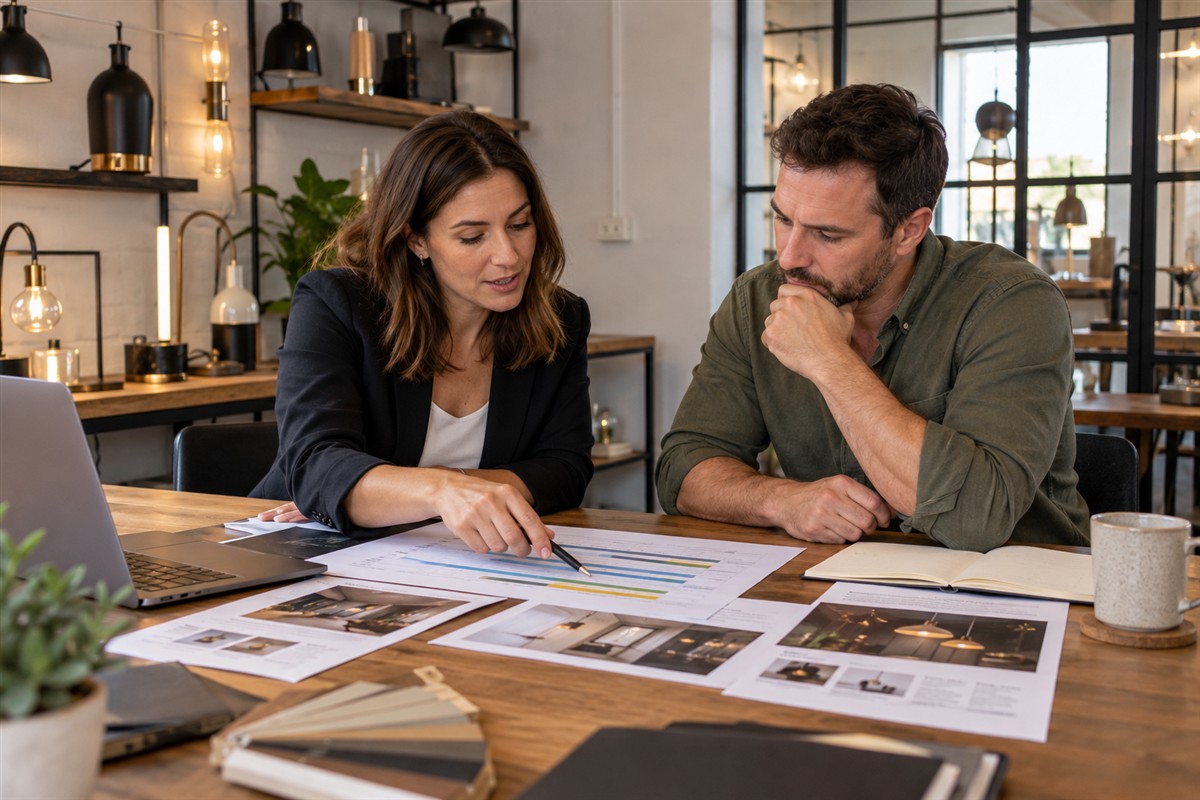 SEO consultant and business owner reviewing an implementation plan