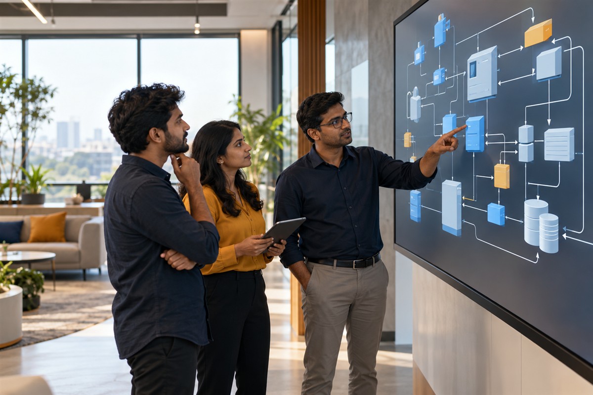Technology specialists reviewing website system architecture