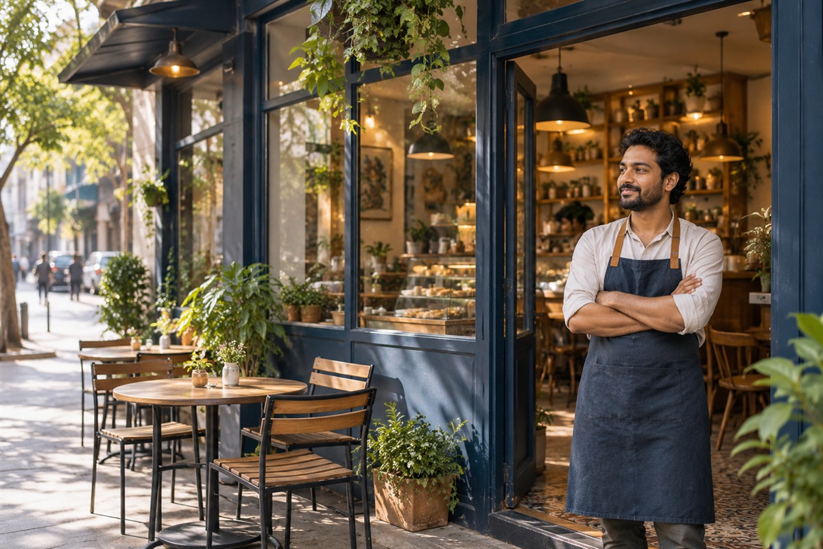 Local cafe owner at a welcoming storefront