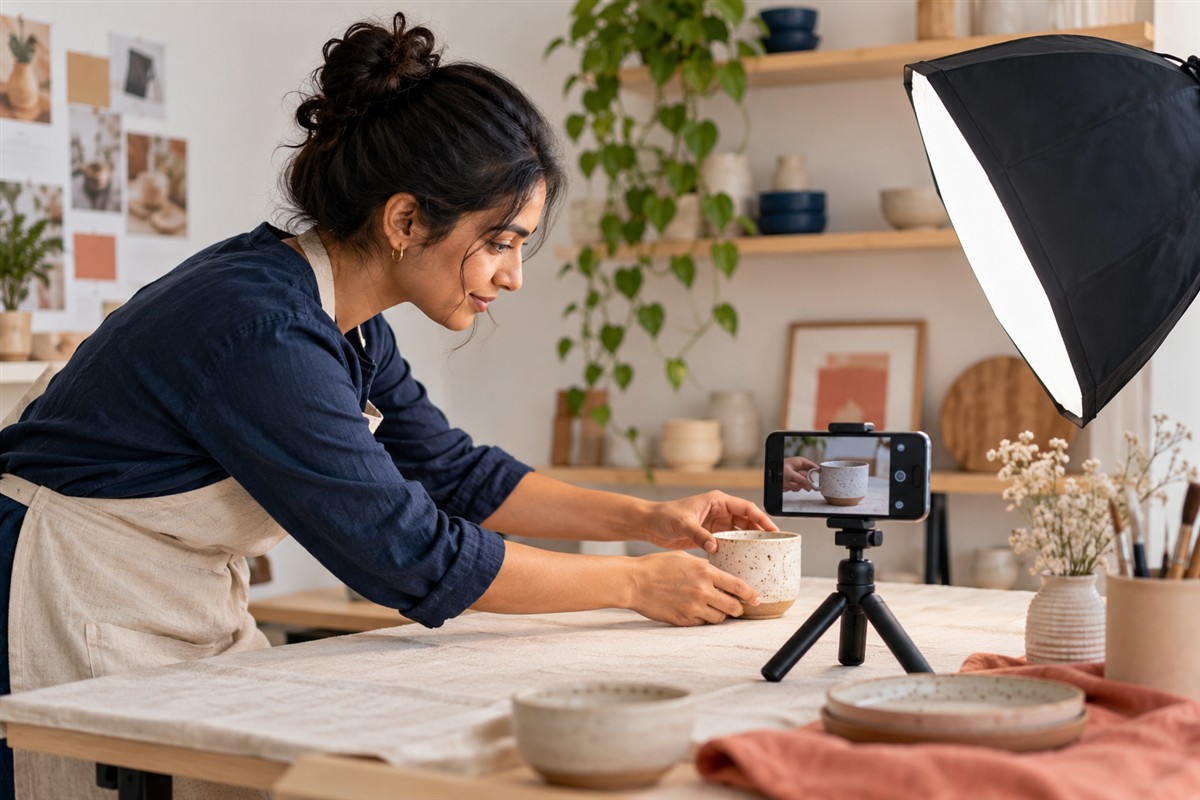 Creative professional filming a ceramic product in a tabletop studio