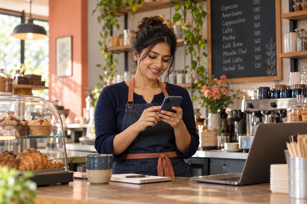 Cafe owner reviewing her business social profile