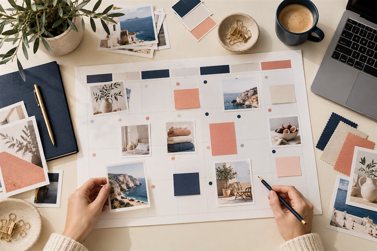 Monthly content calendar with organised creative assets