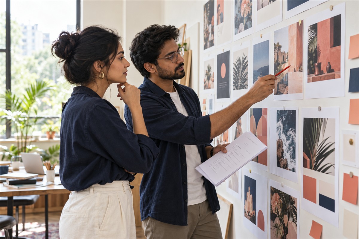 Design professionals reviewing social media creative drafts