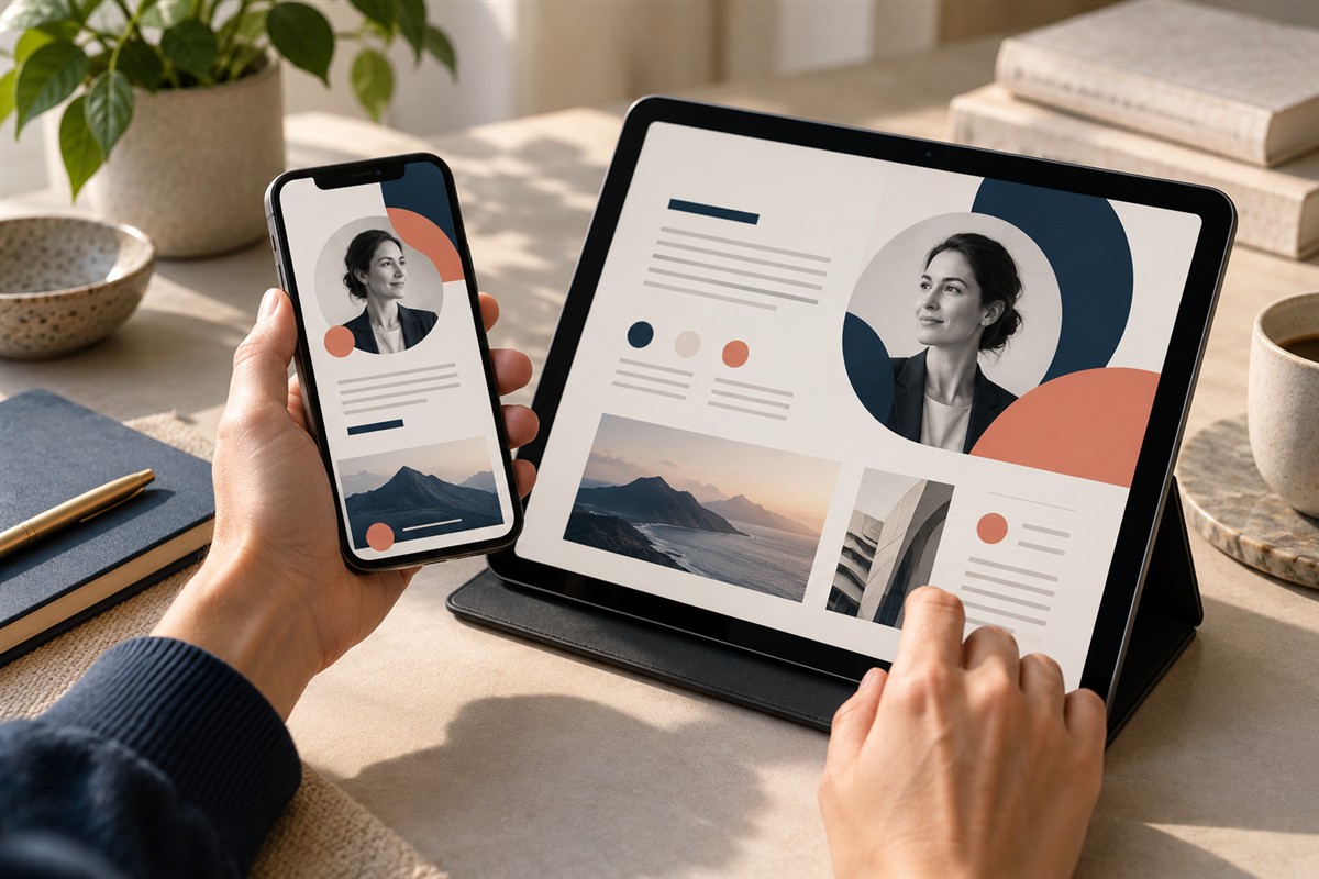 Coordinated business profile layouts on a phone and tablet
