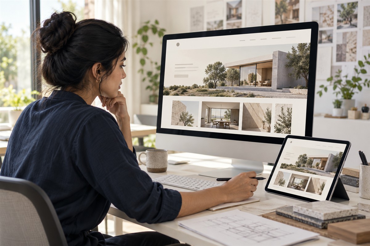 UI designer reviewing a business website on desktop and tablet
