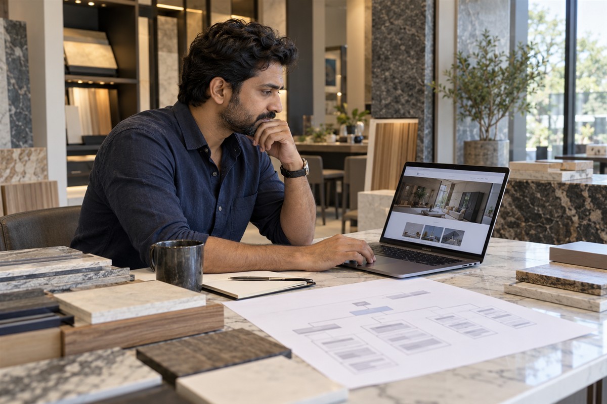 Business owner reviewing website structure in a materials showroom