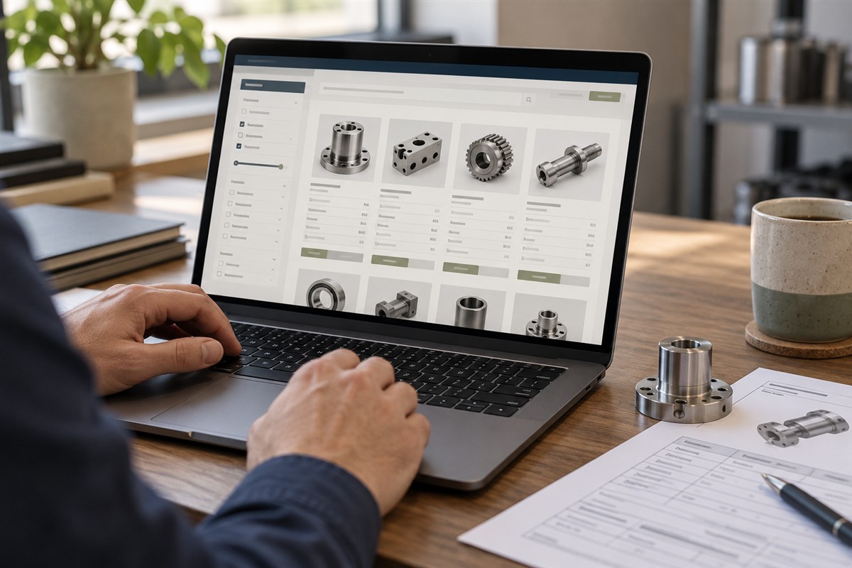Product catalogue and quotation requirements shown beside a precision component