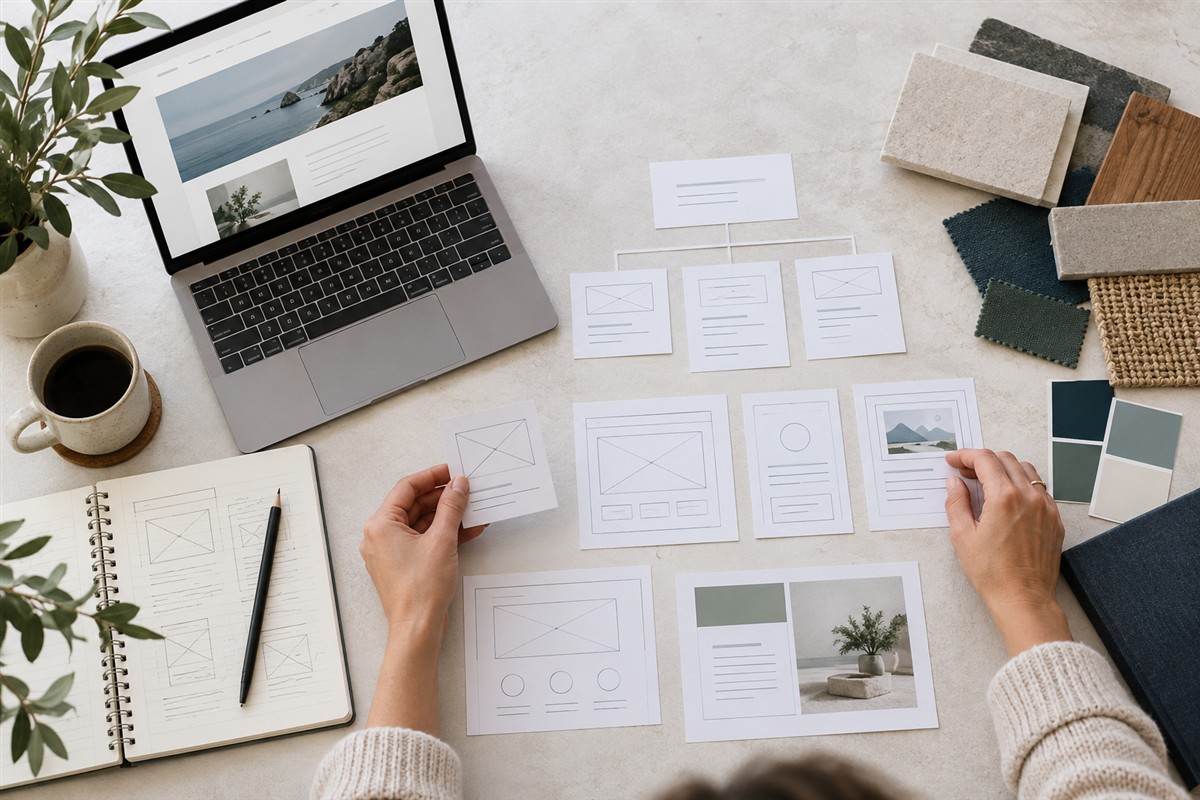 Website sitemap cards and wireframes arranged during planning