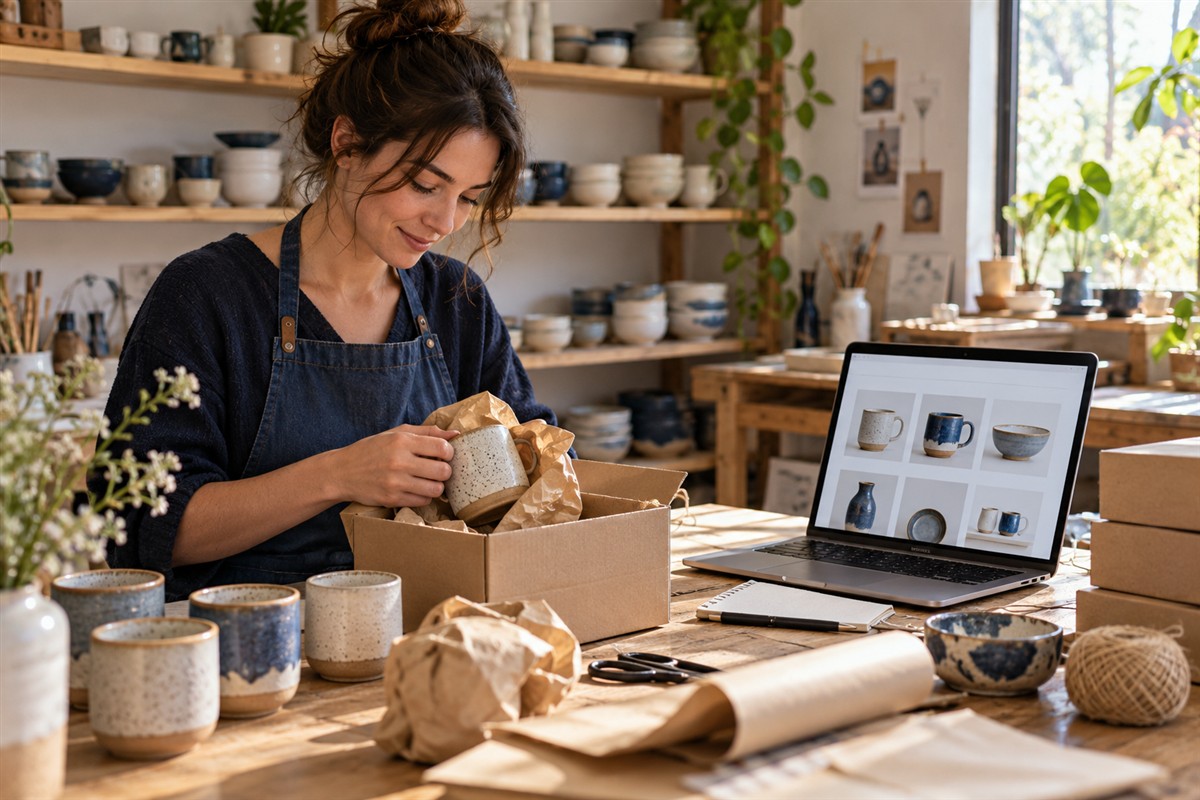 Ceramics studio with a product catalogue displayed on a laptop