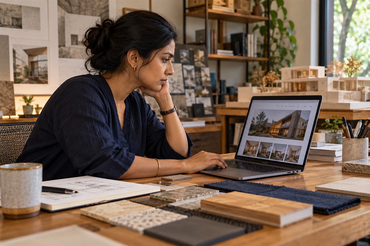 Architecture studio owner reviewing her website