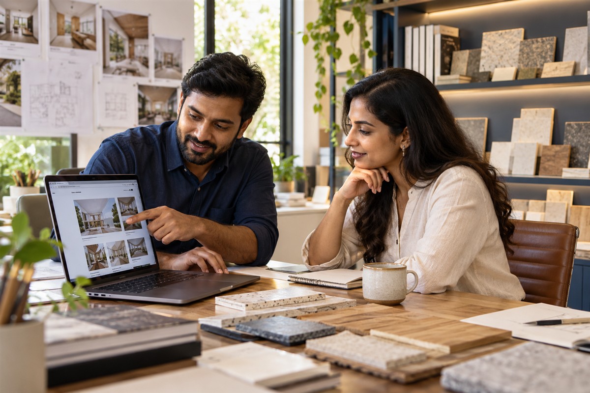 Consultant showing a studio owner how to update website projects